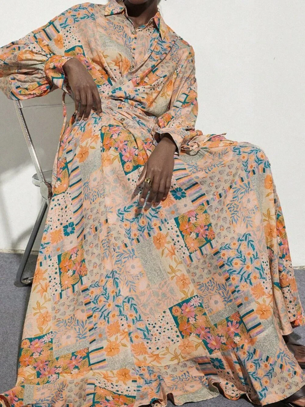 Multicolor Boho Women's Oil Painting Style Print Wrap Front Tie Waist Dress